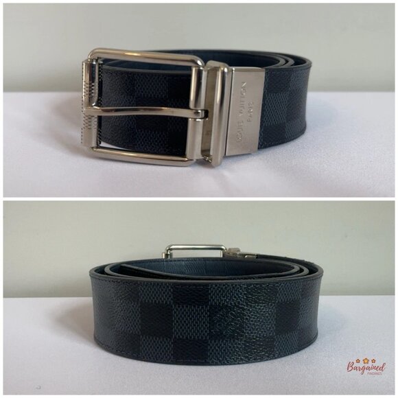 Auth Louis Vuitton Damier Grey/Black Reversible Leather Silver Buckle Belt 95 - Picture 3 of 11